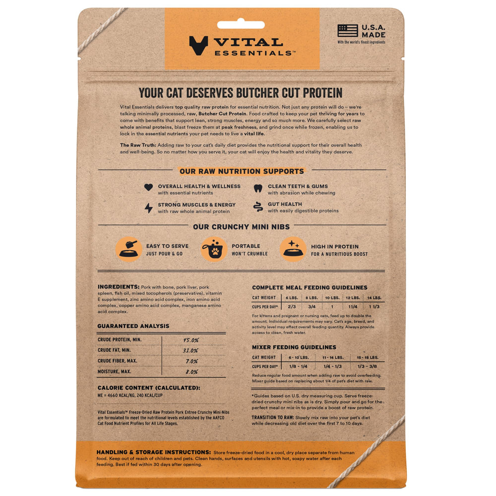 Vital Essentials bag showcases premium freeze-dried pork mini nibs for convenient meals.