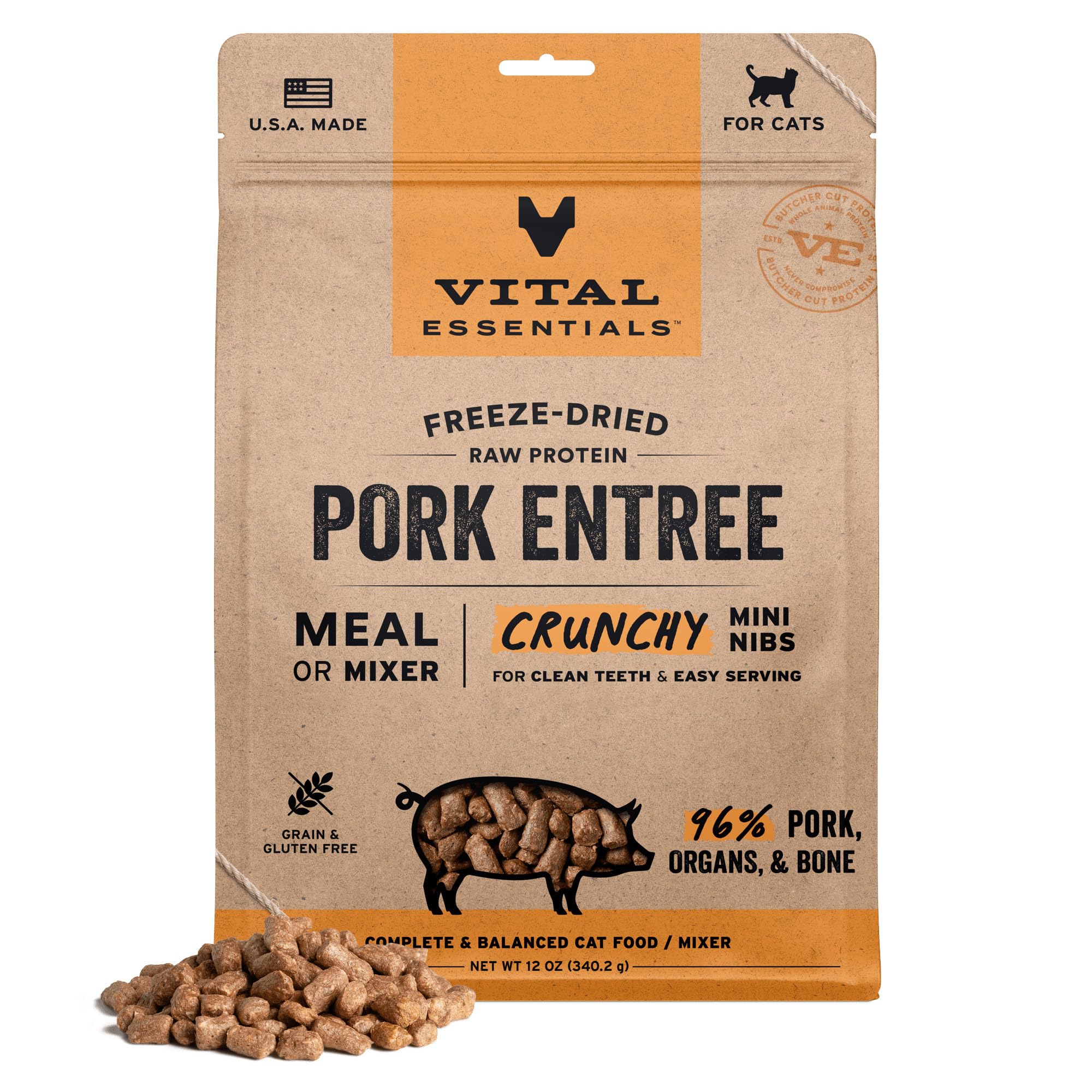 Vital Essentials freeze dried pork mini nibs, close up showing crunchy texture for high-protein meals.