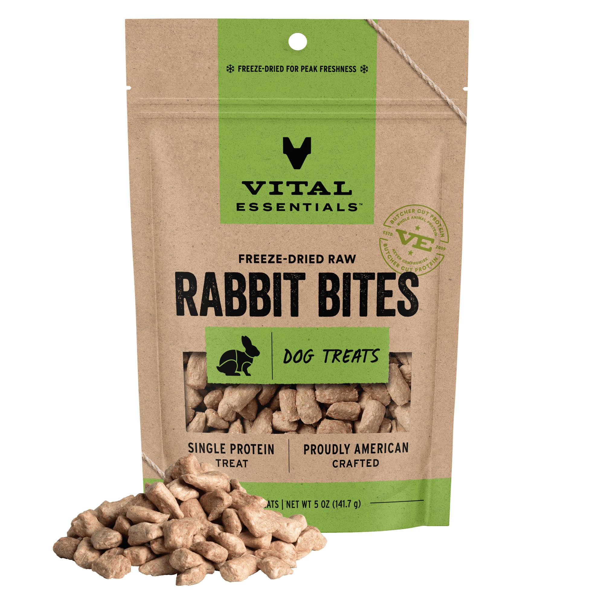 Vital Essentials freeze-dried rabbit dog treat bag highlights high-protein reward for dogs