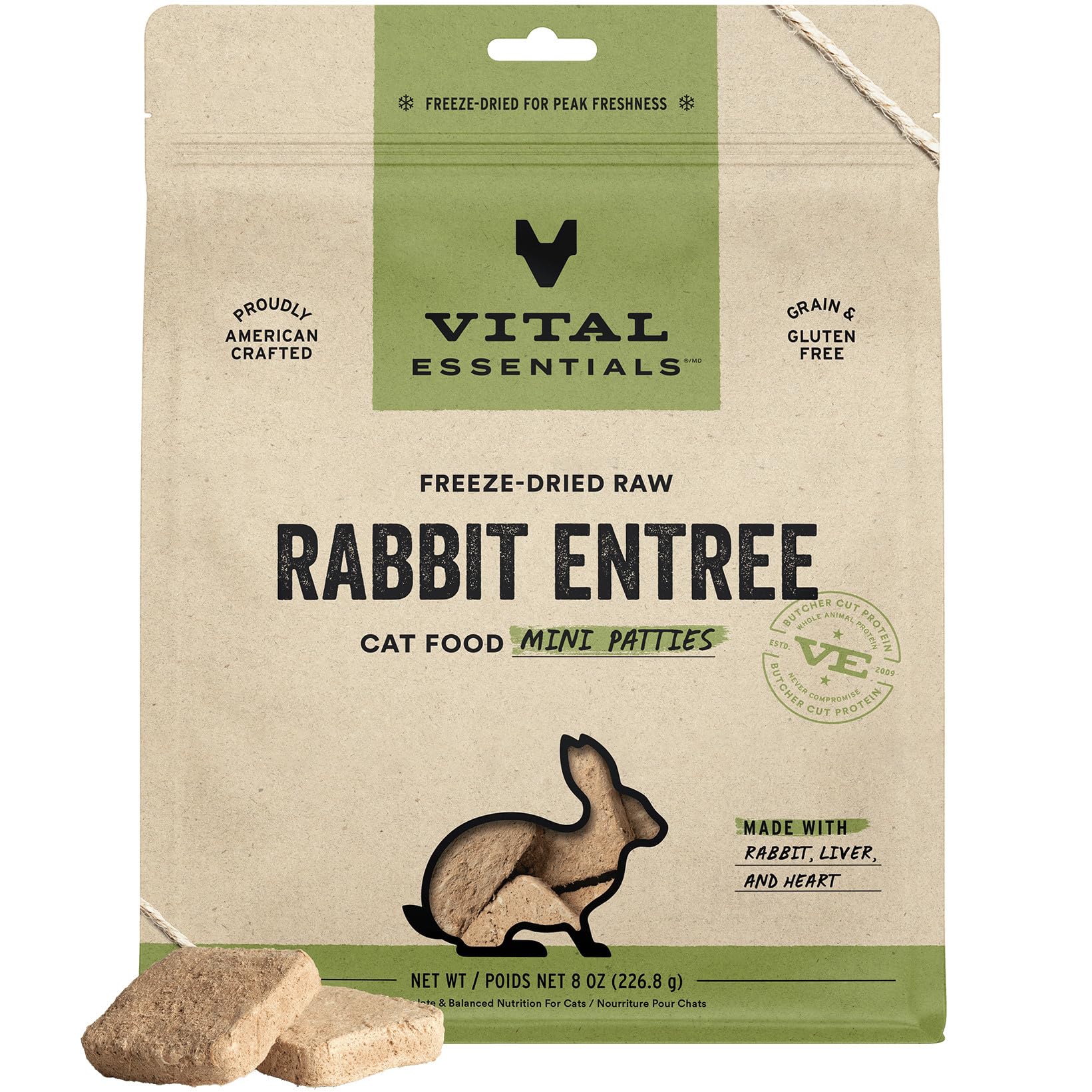 Vital Essentials rabbit mini patties in bag, ready for high-protein meals.