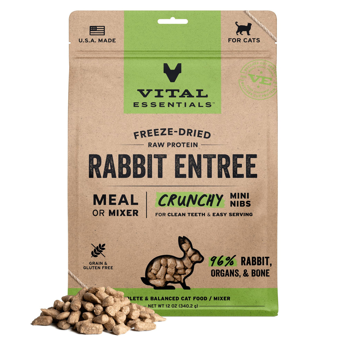 Vital Essentials freeze-dried rabbit mini nibs in a bowl showing crunchy texture for cats.
