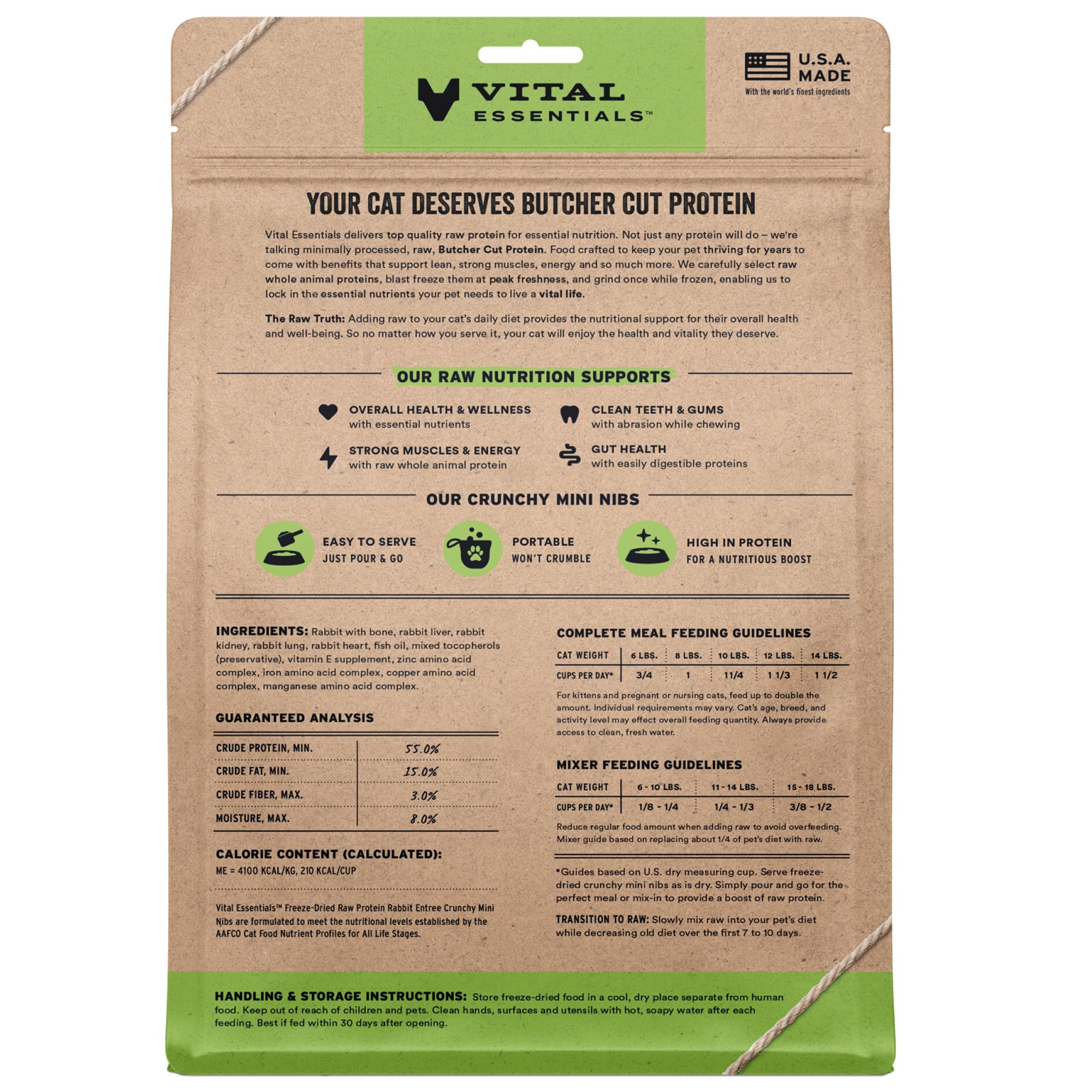 Close-up of Vital Essentials rabbit mini nibs highlighting crisp crunch and protein focus.