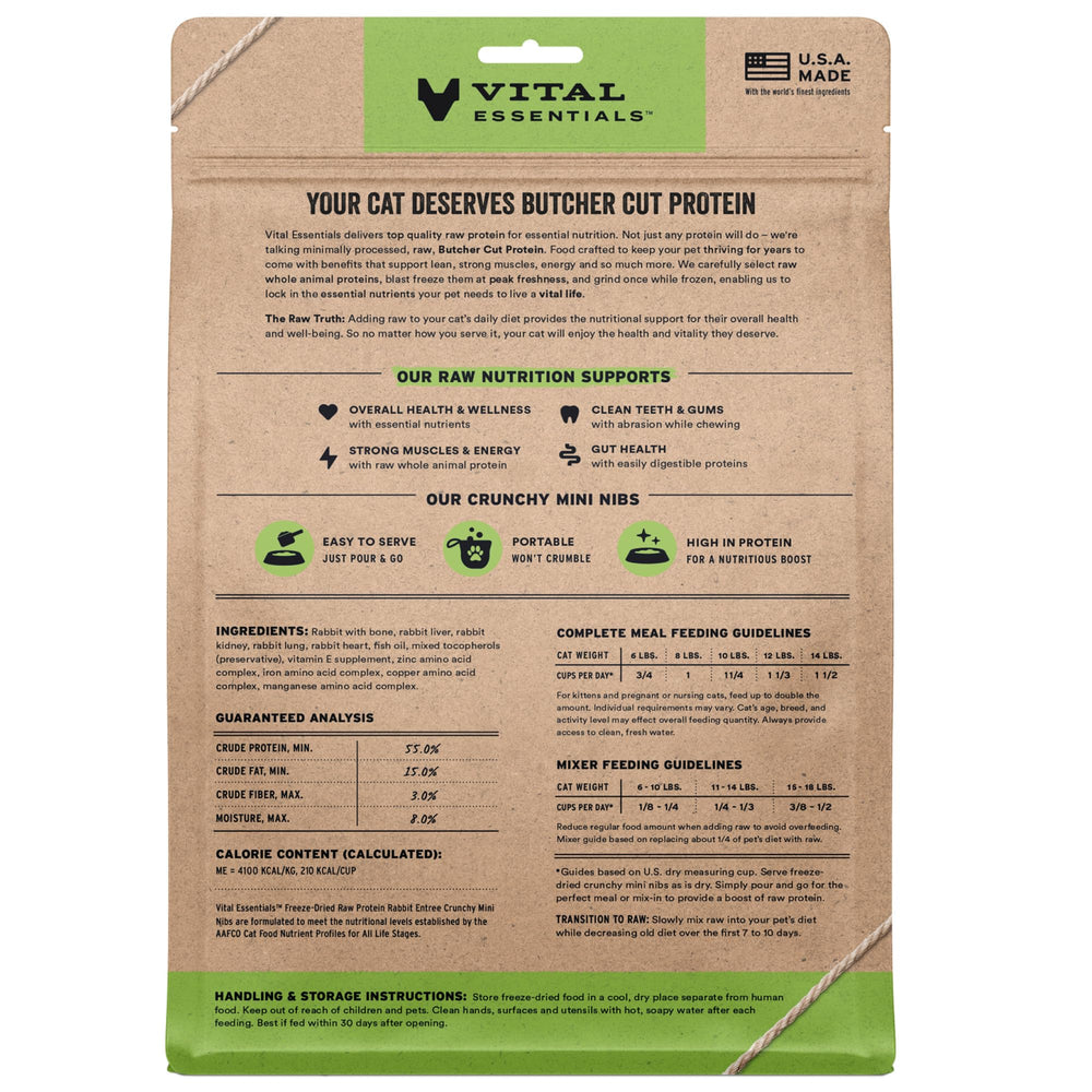 Close-up of Vital Essentials rabbit mini nibs highlighting crisp crunch and protein focus.