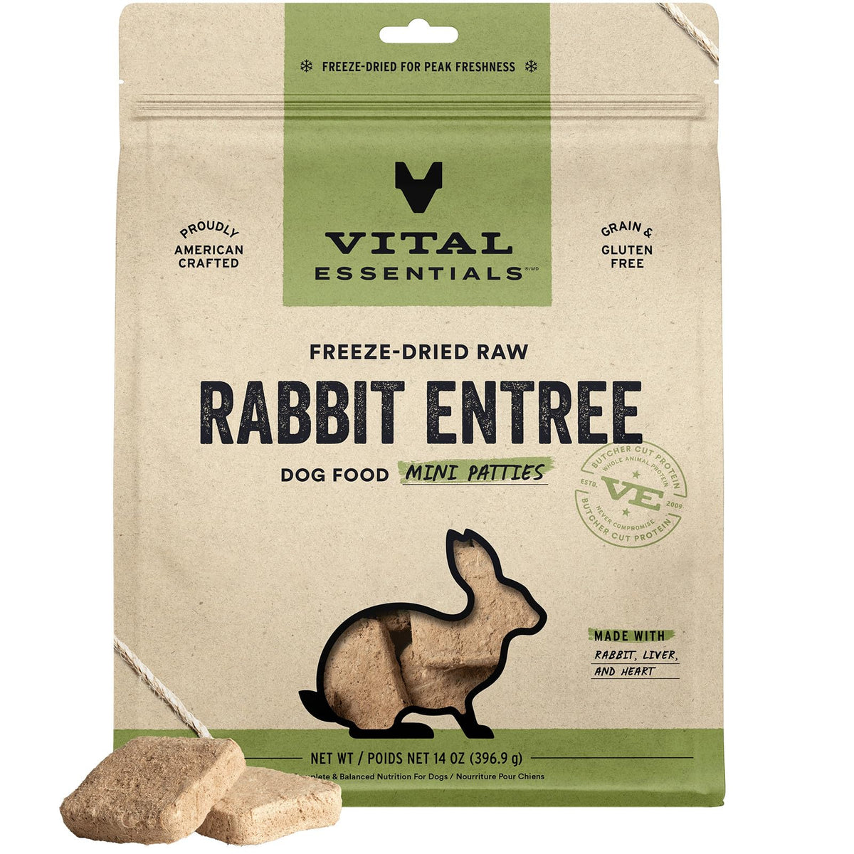 Vital Essentials freeze dried rabbit mini patties in bowl for a complete meal option
