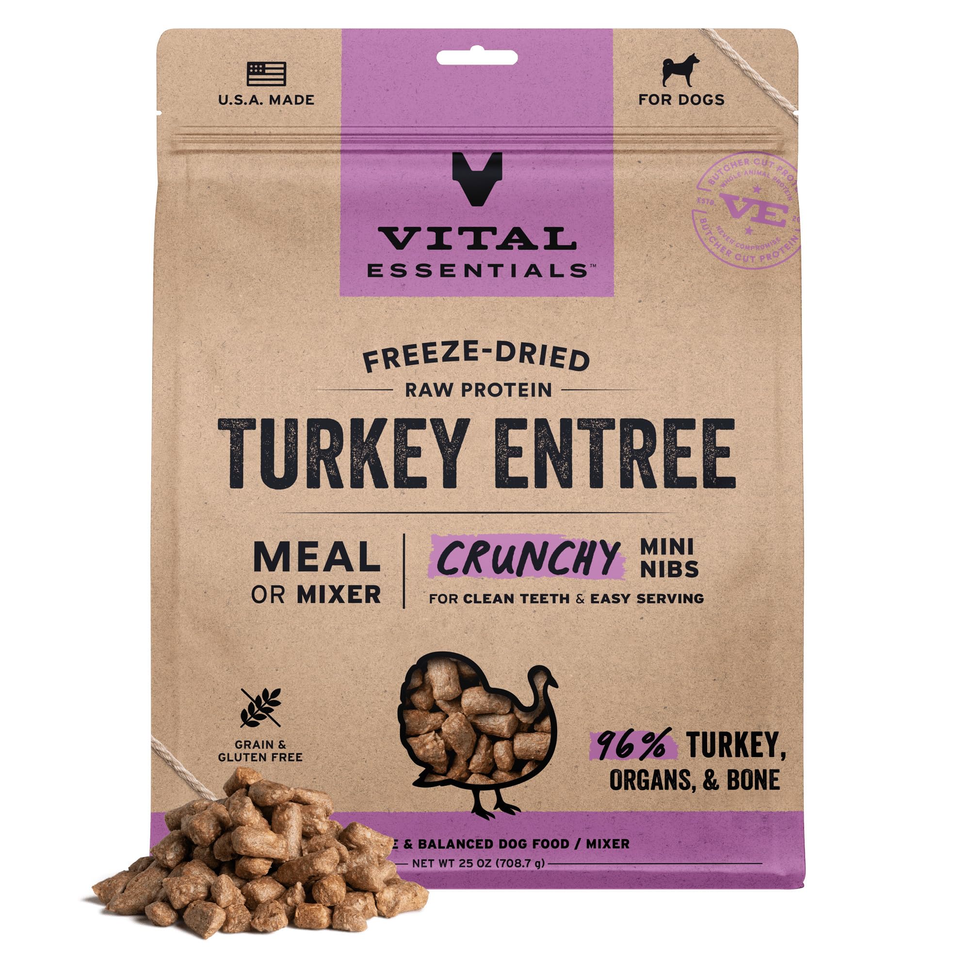 Vital Essentials freeze-dried raw turkey mini-nibs bag highlights premium protein for lean muscle and energy.
