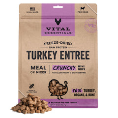 Vital Essentials freeze-dried raw turkey mini-nibs bag highlights premium protein for lean muscle and energy.