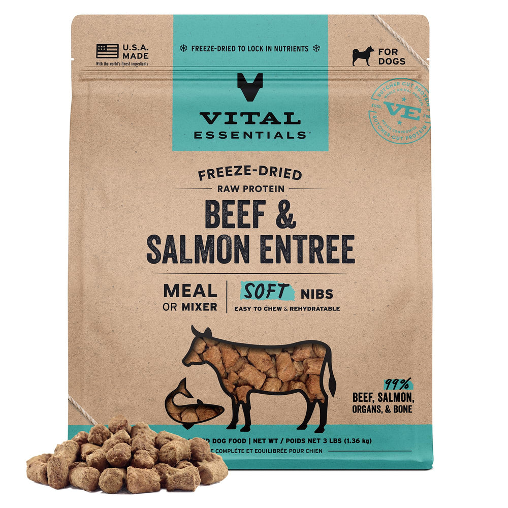 Vital Essentials freeze-dried soft nibs beef and salmon bag close-up with high-protein nutrition