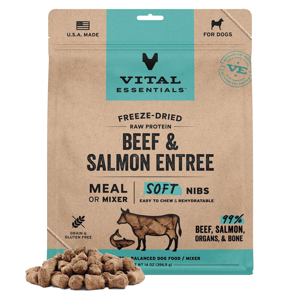 Vital Essentials freeze-dried soft nibs front view in bag, high-protein meal option.