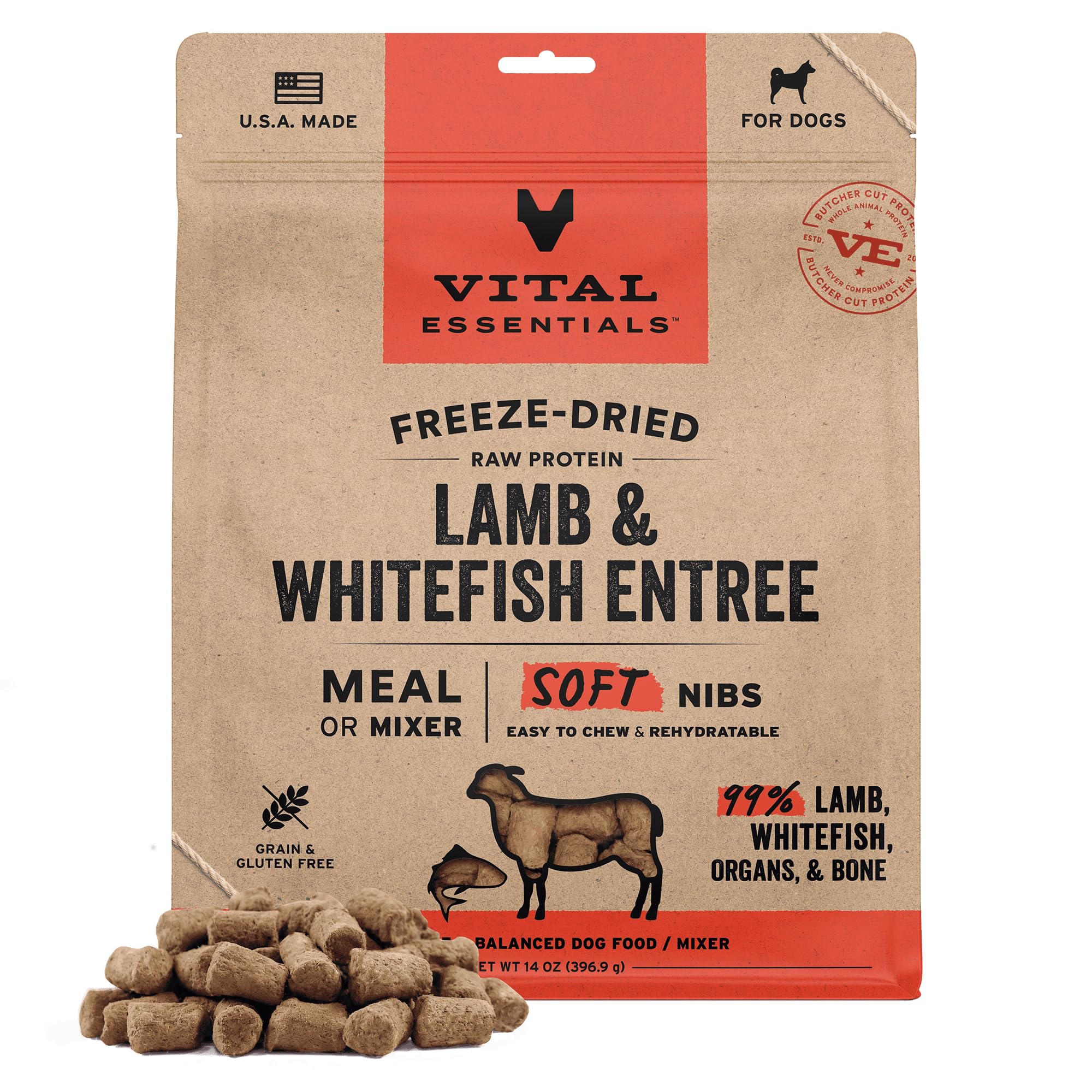 Vital Essentials freeze-dried soft nibs with lamb and whitefish in a dog bowl for protein-packed nutrition.