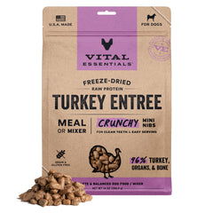 Vital Essentials freeze-dried turkey mini nibs in a bowl providing a crunchy protein-rich meal