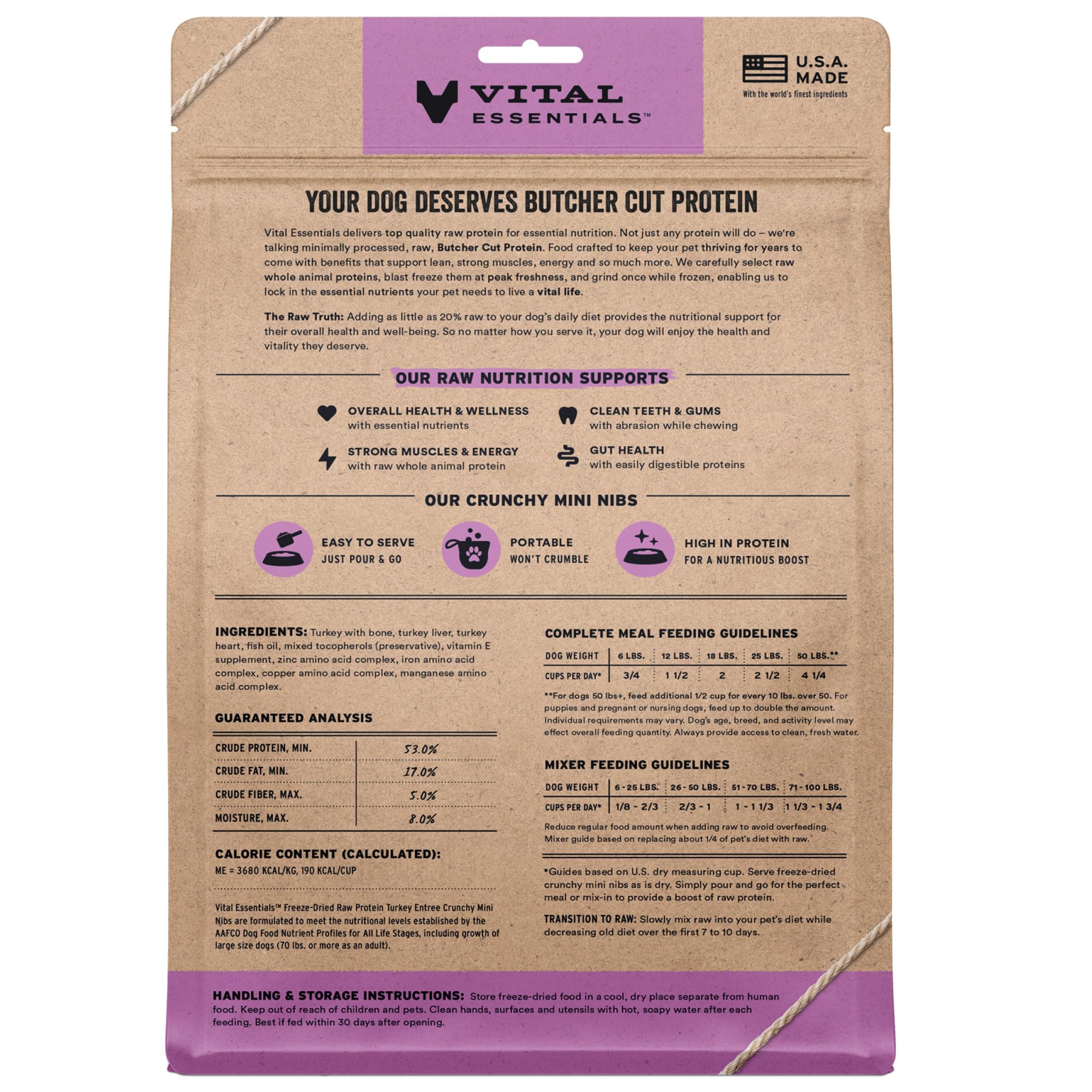 Close-up of Vital Essentials turkey mini nibs crunch showing texture for mealtime appeal