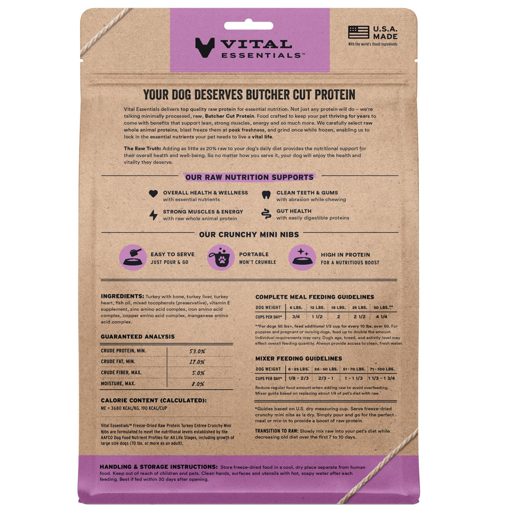 Close-up of Vital Essentials turkey mini nibs crunch showing texture for mealtime appeal