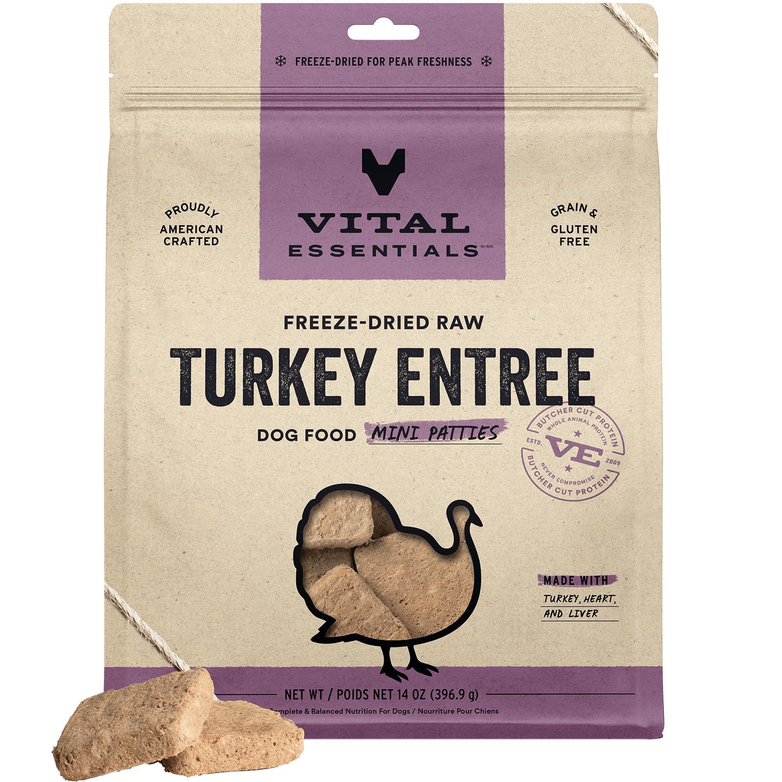 Vital Essentials freeze dried turkey mini patties in a bowl support lean muscle and energy.