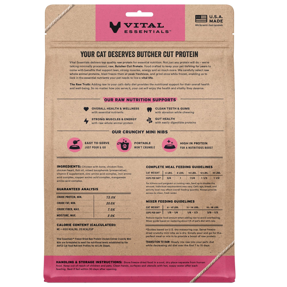 Vital Essentials mini nibs chicken serving bowl highlights meal-ready crunch.