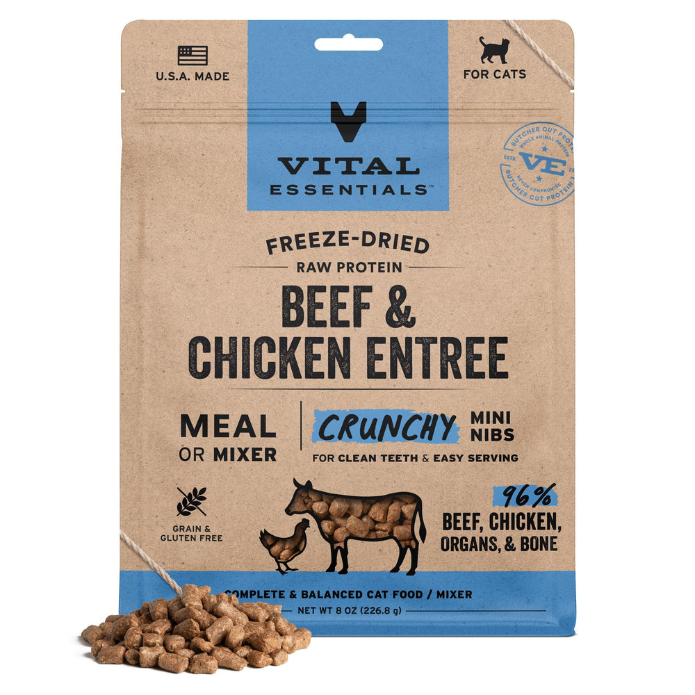 Vital Essentials freeze-dried cat nibs packaging highlighting USA-sourced protein
