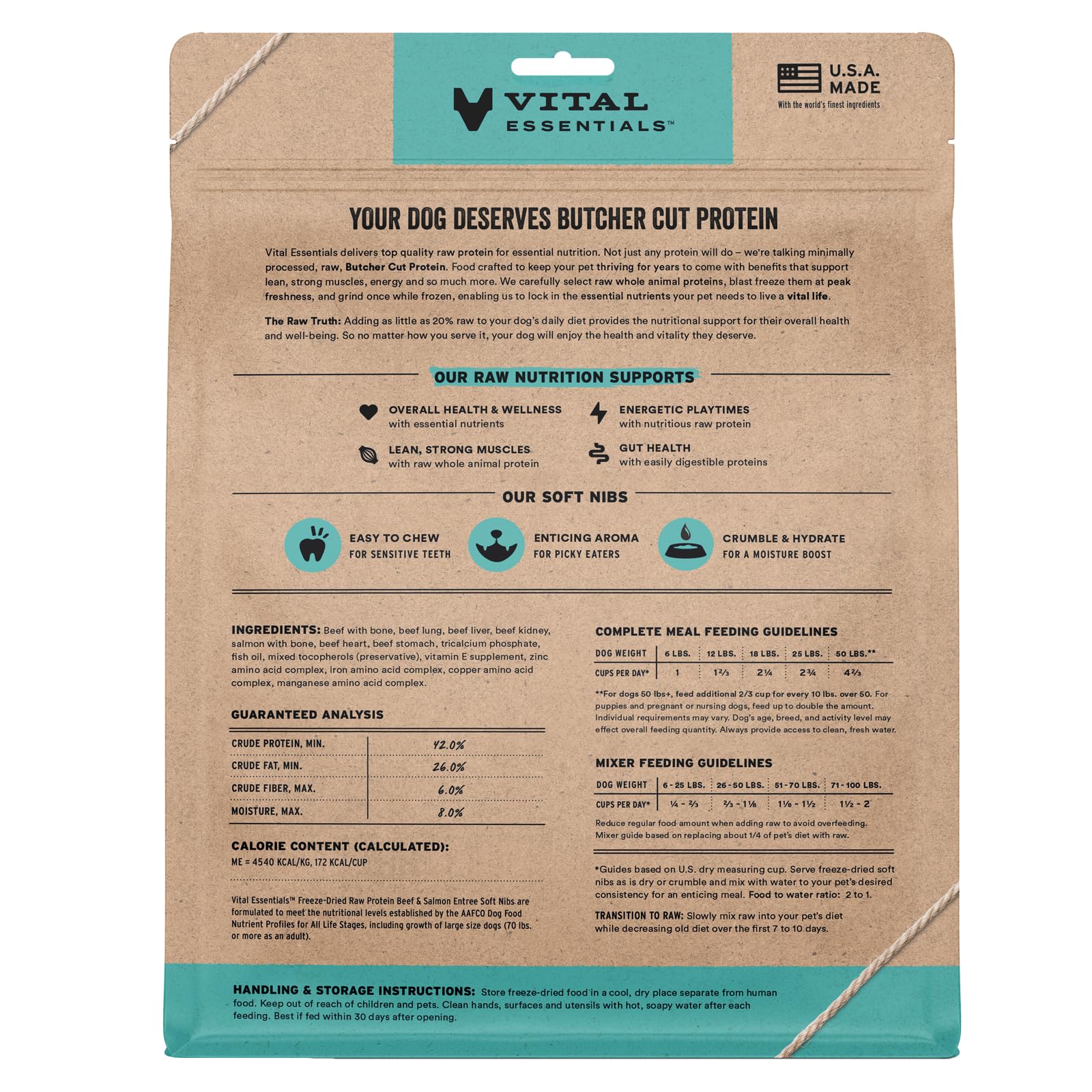 Vital Essentials raw beef-salmon soft nibs close-up showing premium ingredients.