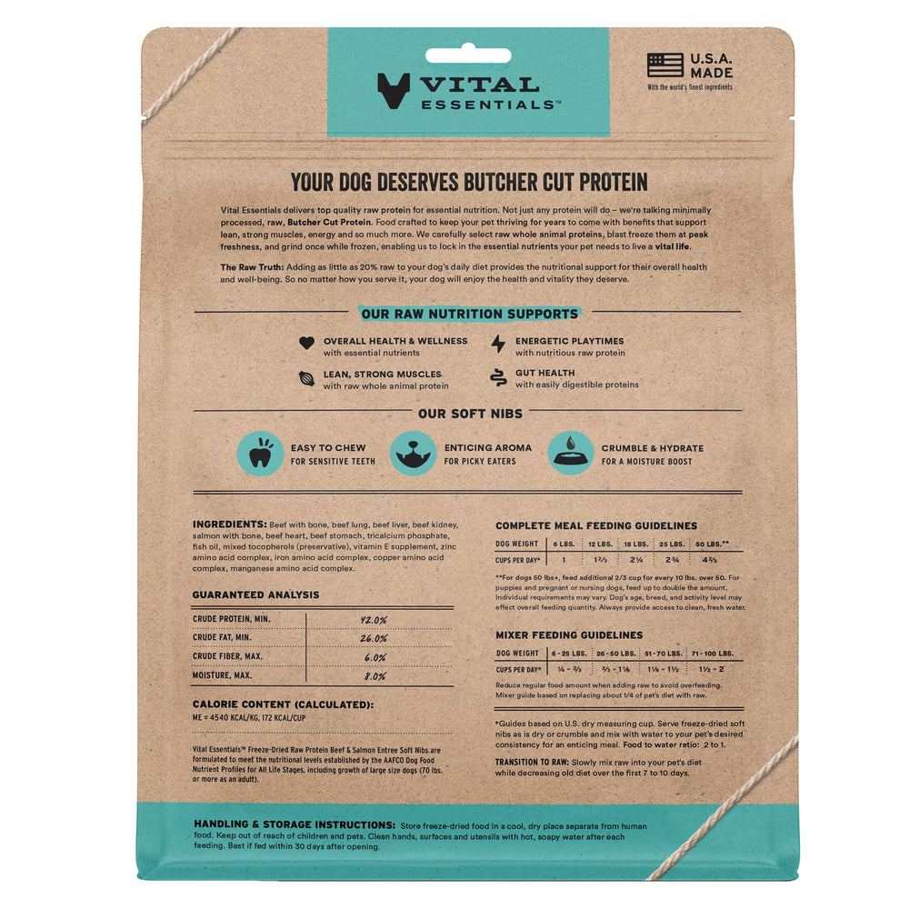 Vital Essentials raw beef-salmon soft nibs close-up showing premium ingredients.