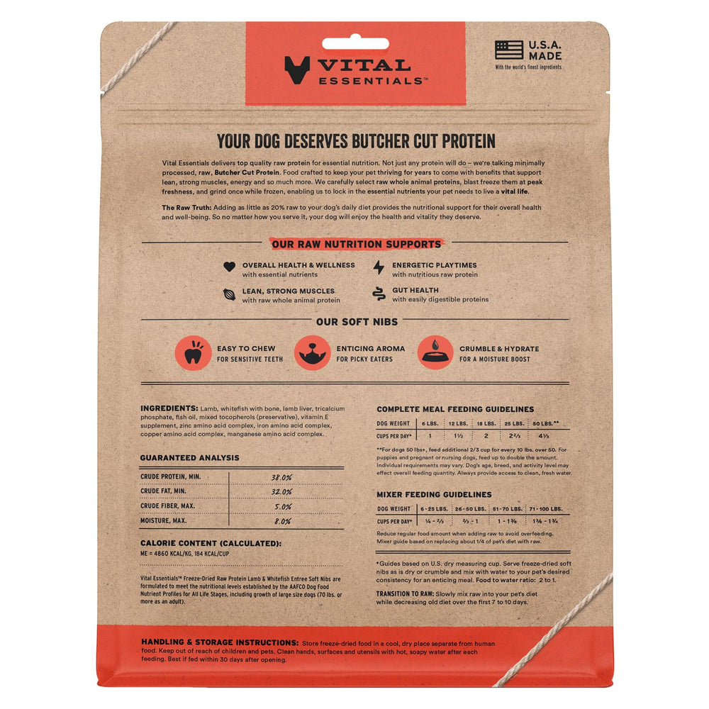 Vital Essentials raw lamb and whitefish soft nibs close-up showing tender texture for picky eaters.
