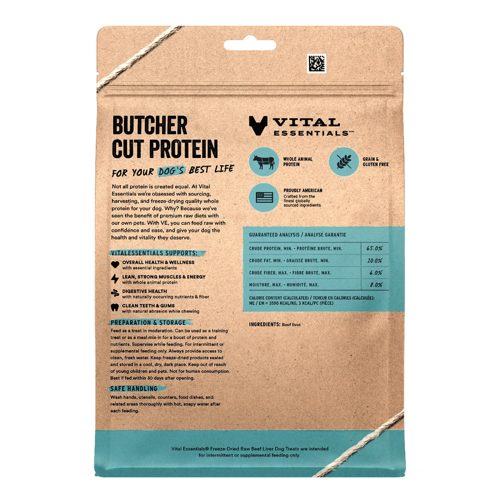 Vital Essentials single-ingredient dog treat bag on display for simple, natural snacks.