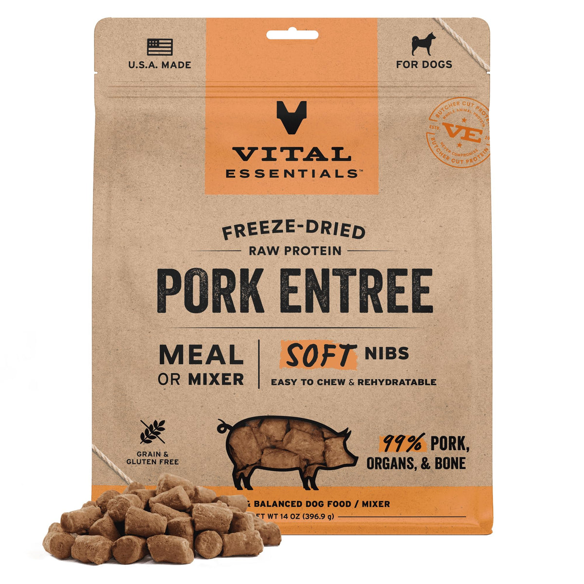 Vital Essentials soft nibs pork bite close-up, premium protein for energetic dogs.