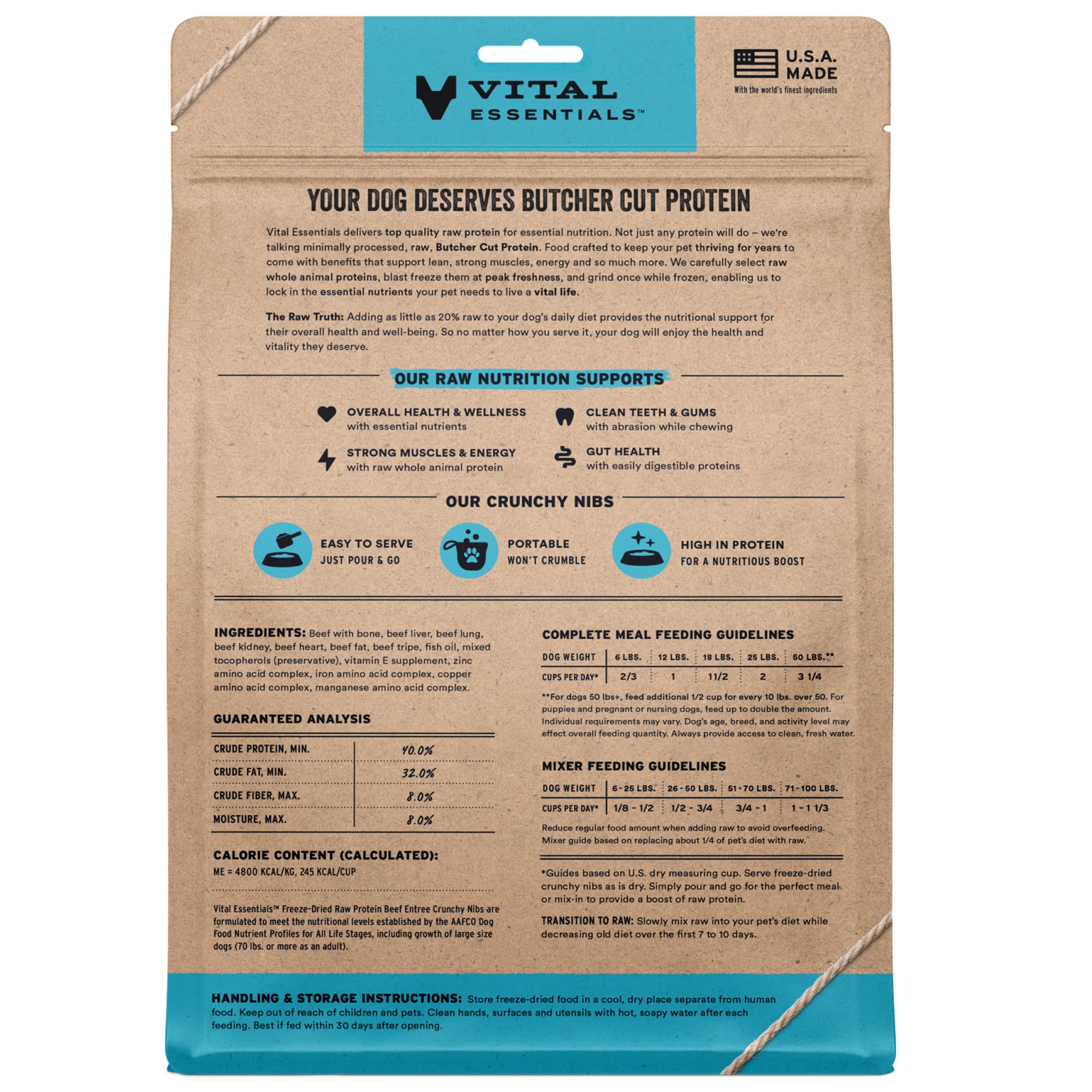Vital Essentials USA-sourced beef nibs in packaging, showing premium protein for active dogs.