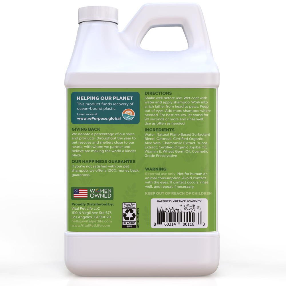 Vital Pet Life dog shampoo natural ingredients list closeup.