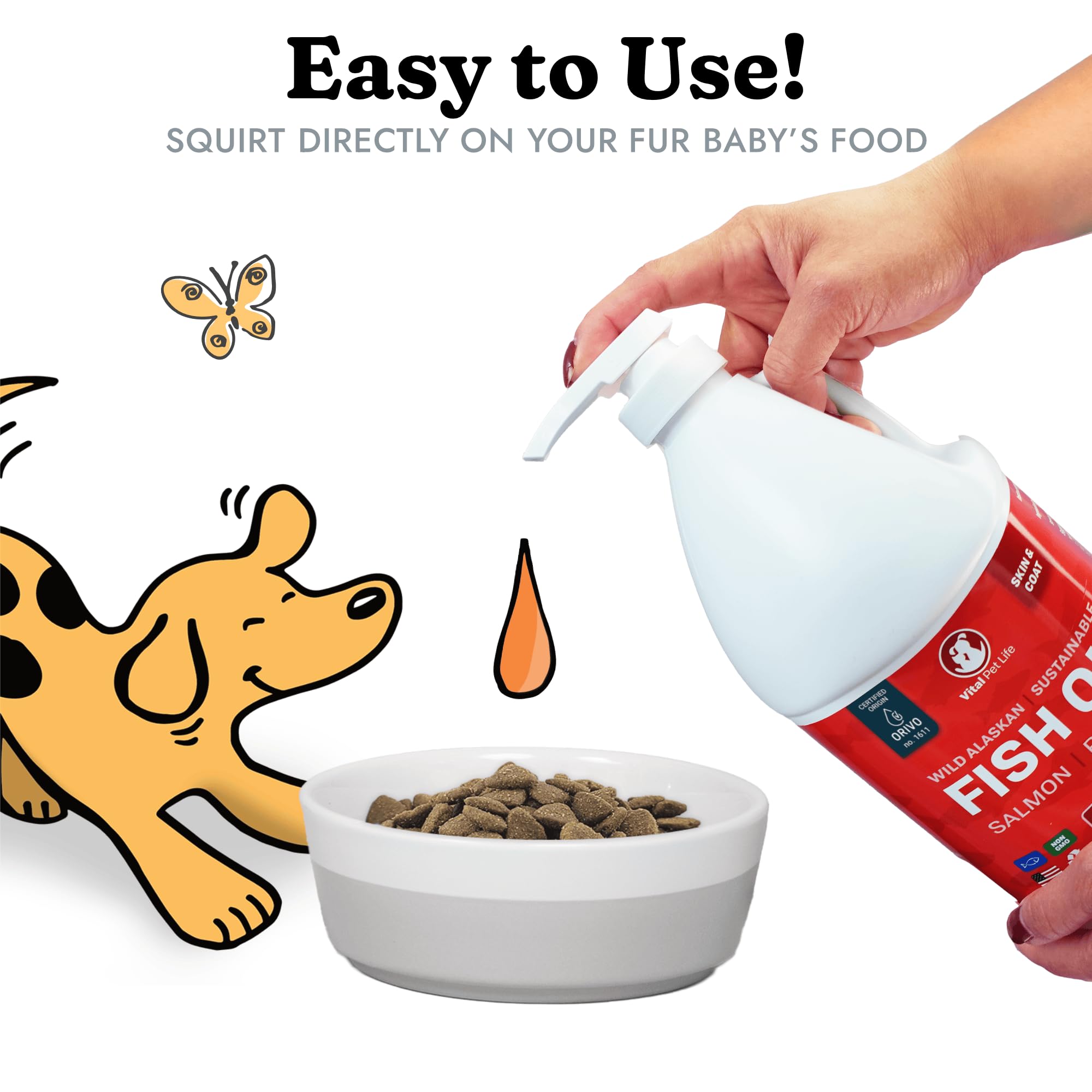 Vital Pet Life Fish Oil for Dogs label emphasizes natural omega-3 benefits for shedding and coat glow.