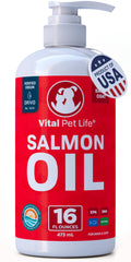 Vital Pet Life Salmon Oil bottle pour shows easy serving and coat nourishment.
