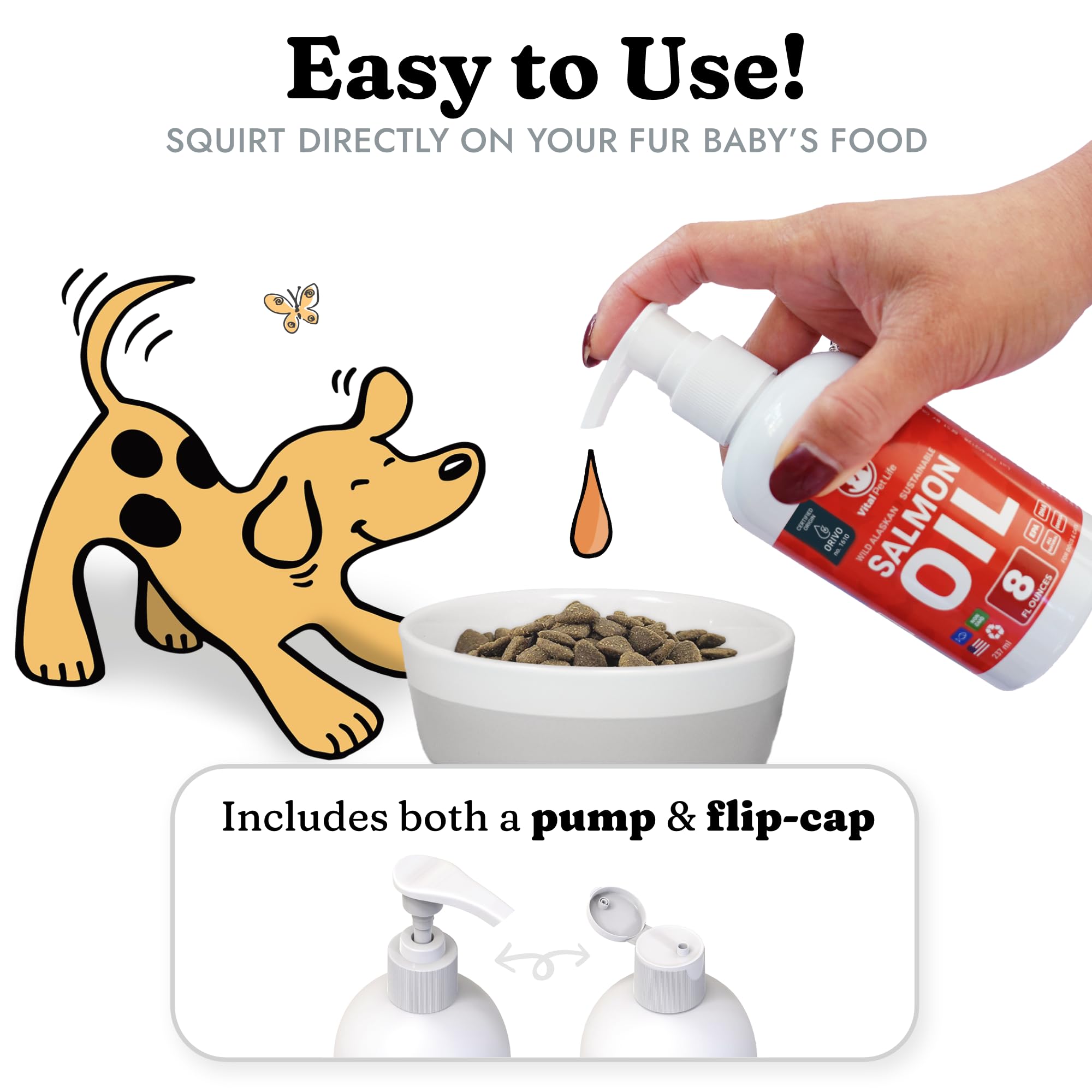 Vital Pet Life Salmon Oil coat glow for dogs and cats during meals