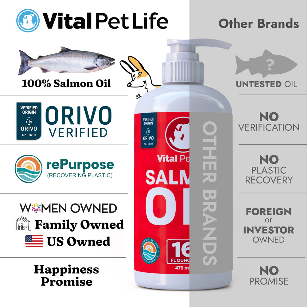 Vital Pet Life Salmon Oil sustainably sourced label emphasizes responsible ingredients.