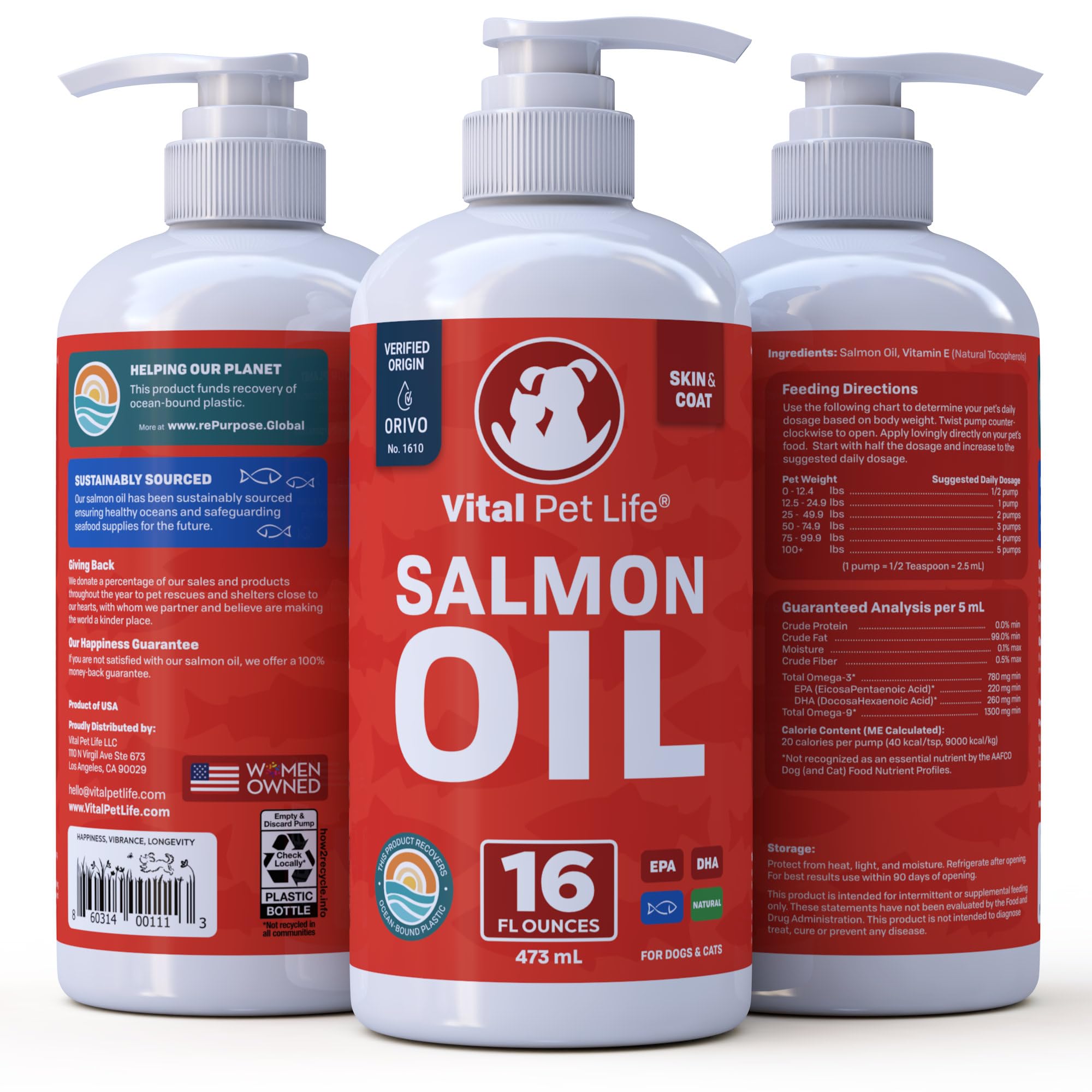 Vital Pet Life Salmon Oil US-owned badge underscores domestic ownership and trust.