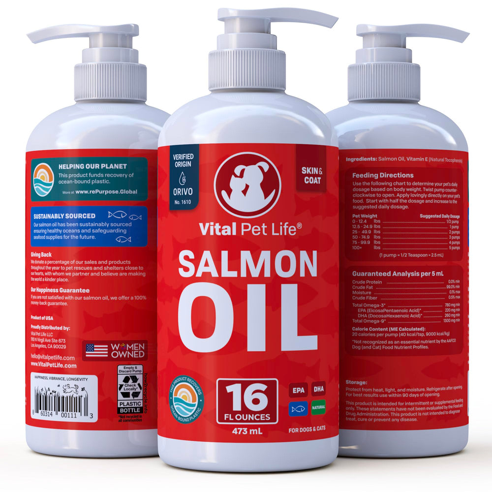 Vital Pet Life Salmon Oil US-owned badge underscores domestic ownership and trust.
