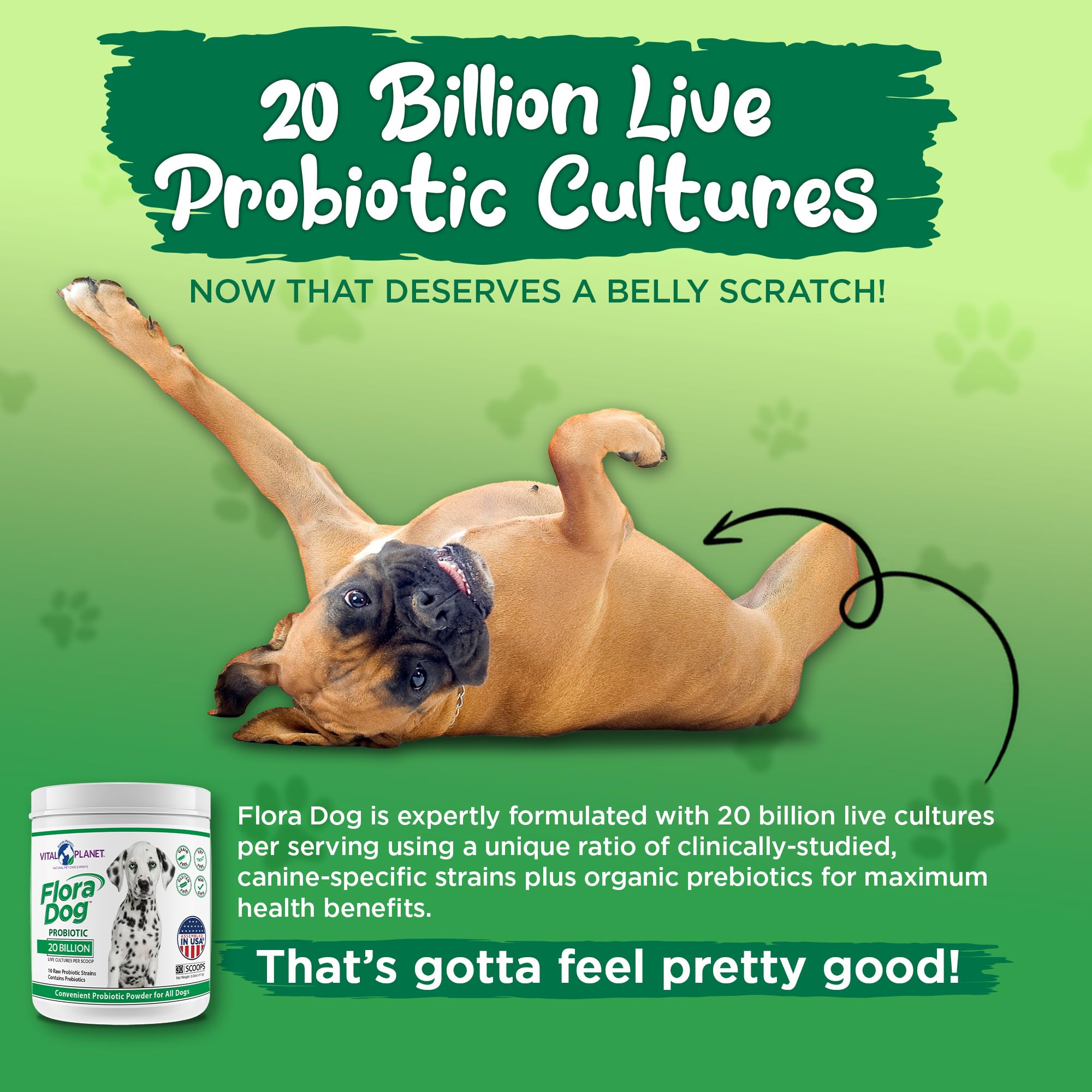 Bottle label highlights 20 billion cultures and 10 strains for Flora Dog Probiotic