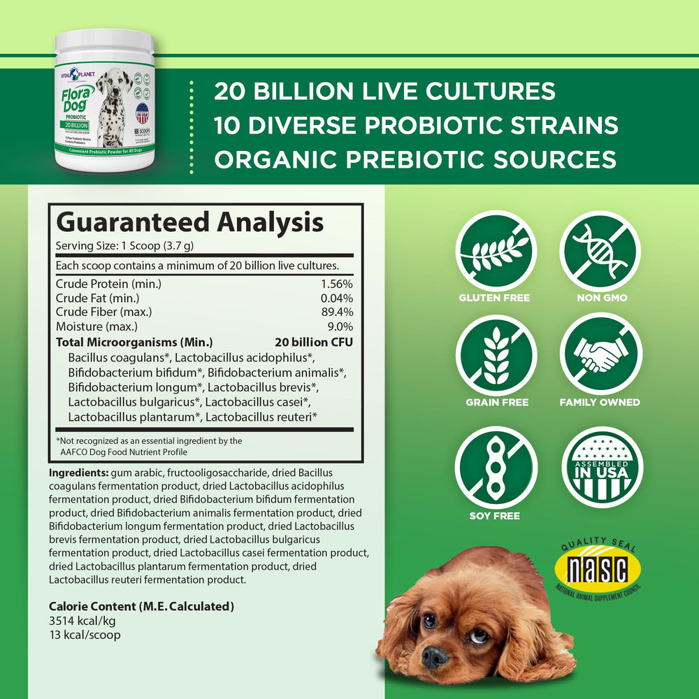 Powder sprinkled on dog food to support balanced gut health with Flora Dog