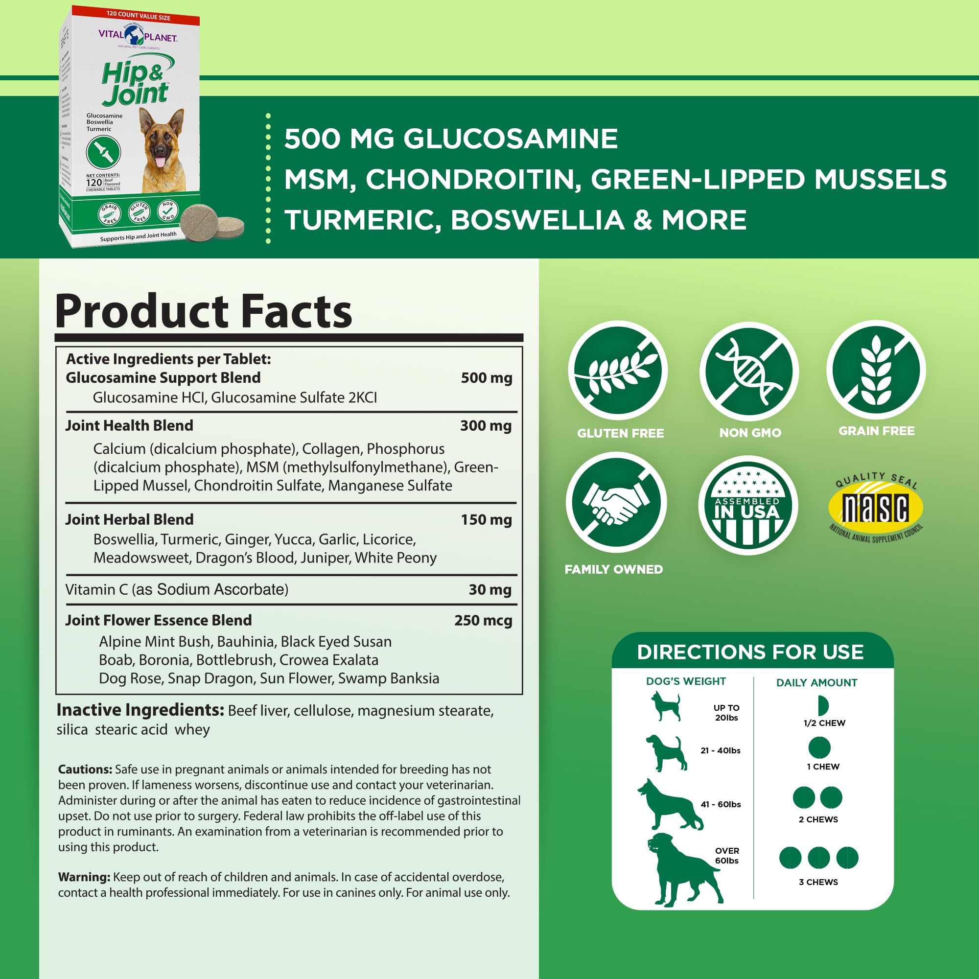 Vital Planet Hip and Joint ingredients blend close-up with glucosamine, MSM, and more.