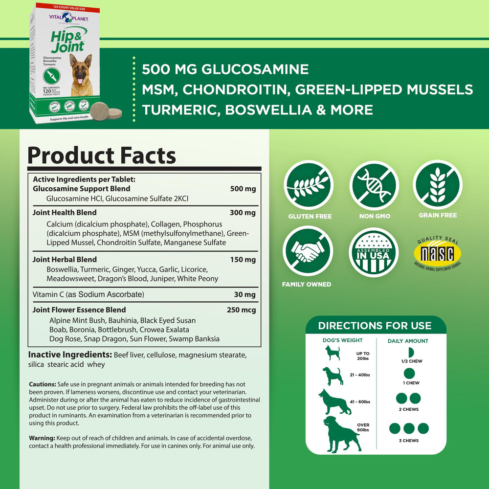 Vital Planet Hip and Joint ingredients blend close-up with glucosamine, MSM, and more.
