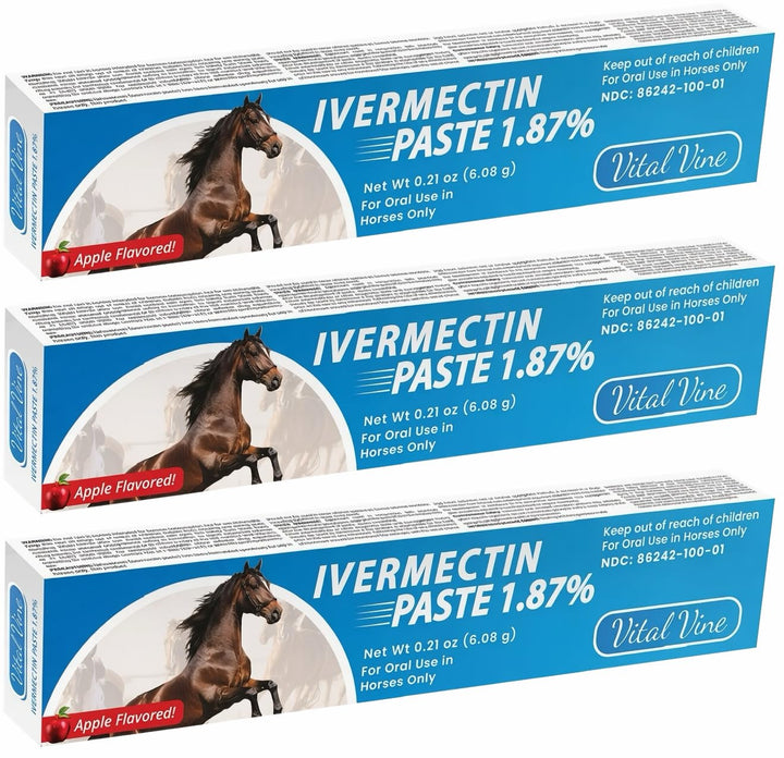 Vital Vine Ivermectin paste in apple flavor in a 6.08 g syringe ready for horses