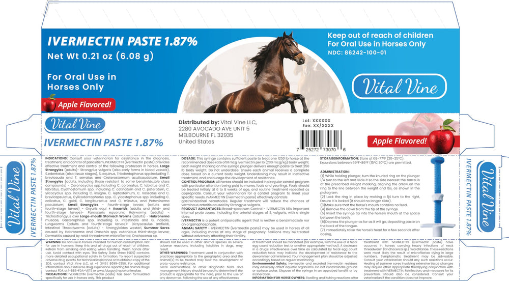 Apple flavored Vital Vine paste visible in syringe for easy dosing with horses