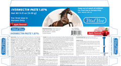 Apple flavored Vital Vine paste visible in syringe for easy dosing with horses