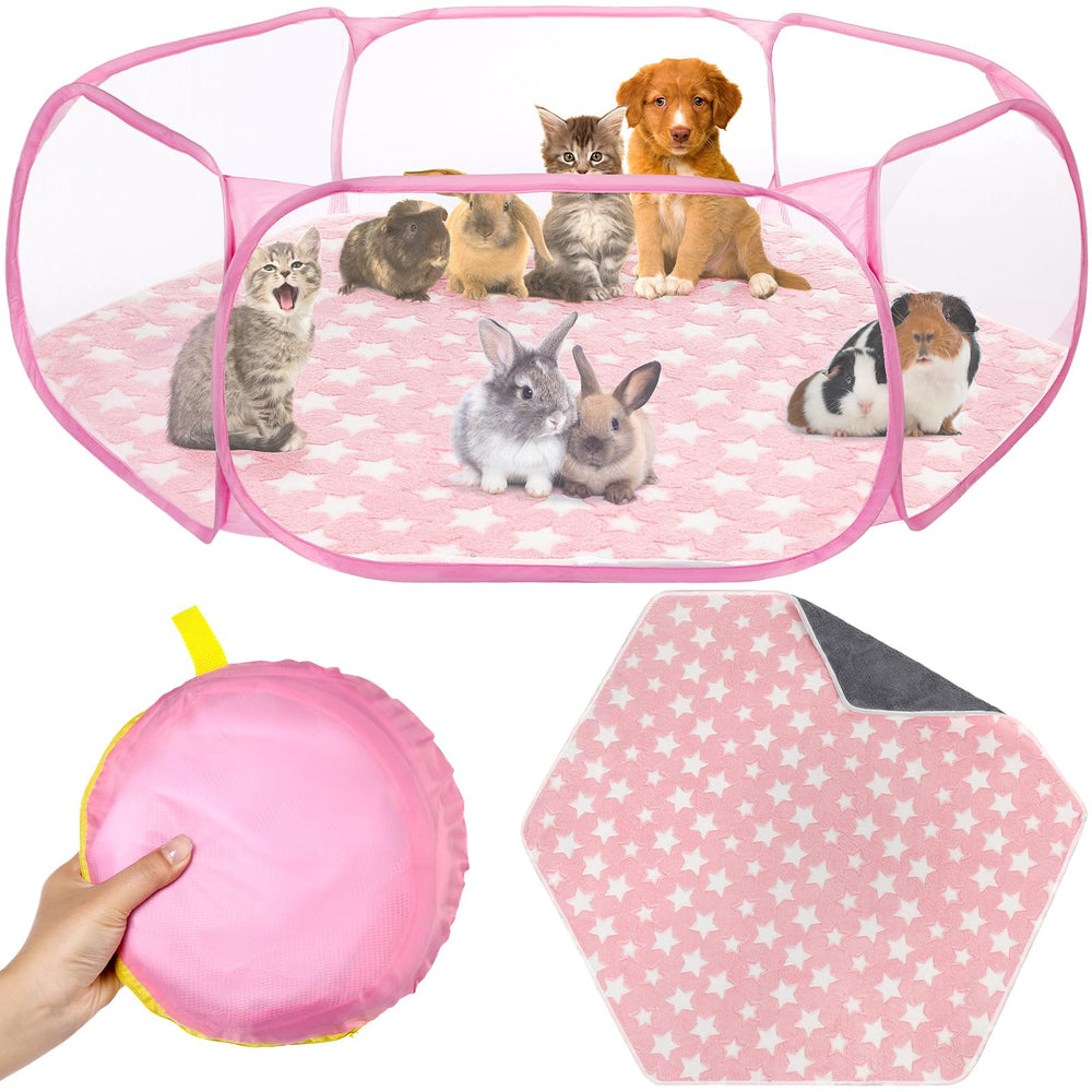 VitalCozy hamster playpen with mat setup for easy assembly in pink star design.
