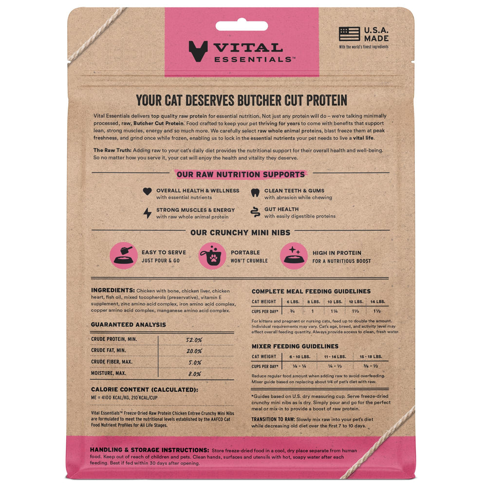 Vital Essentials label highlights 96% chicken, organs and bone ingredients for a whole-animal protein.