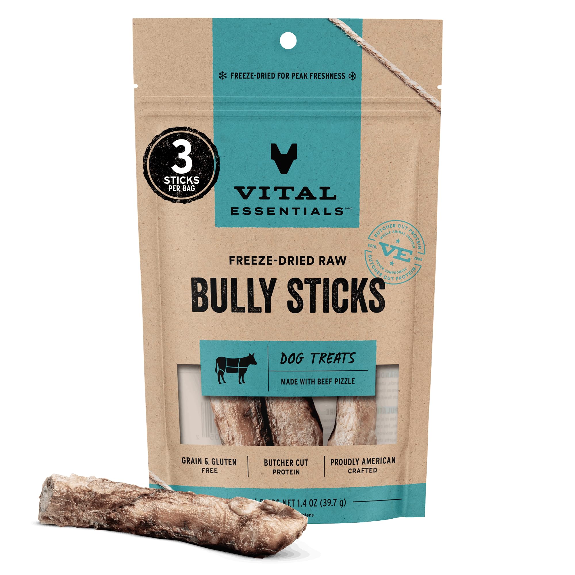 Vital Essentials freeze-dried bully stick package showing premium protein and grain-free appeal.