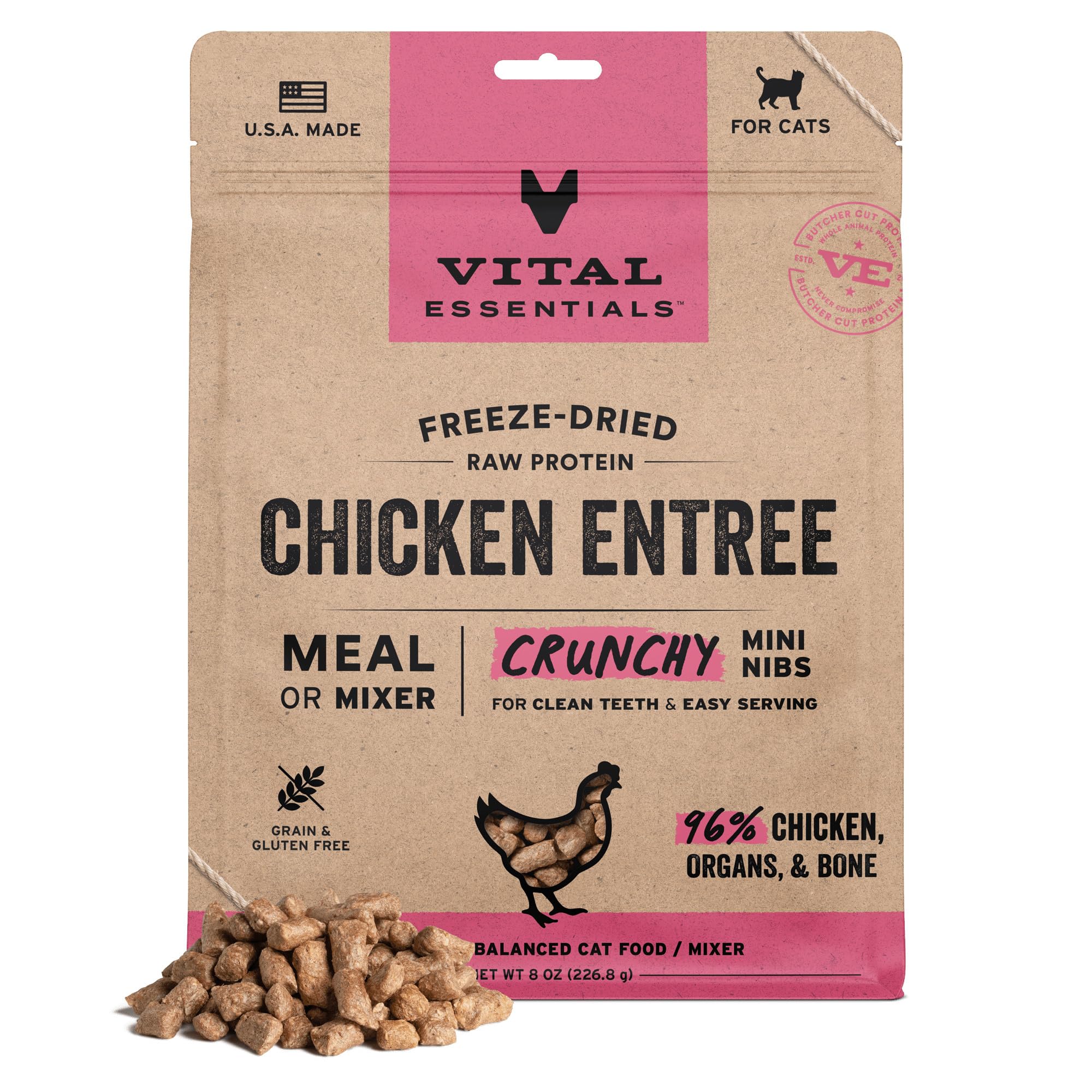 Vital Essentials freeze-dried cat food mini nibs pack close-up showing crisp, protein-packed texture.