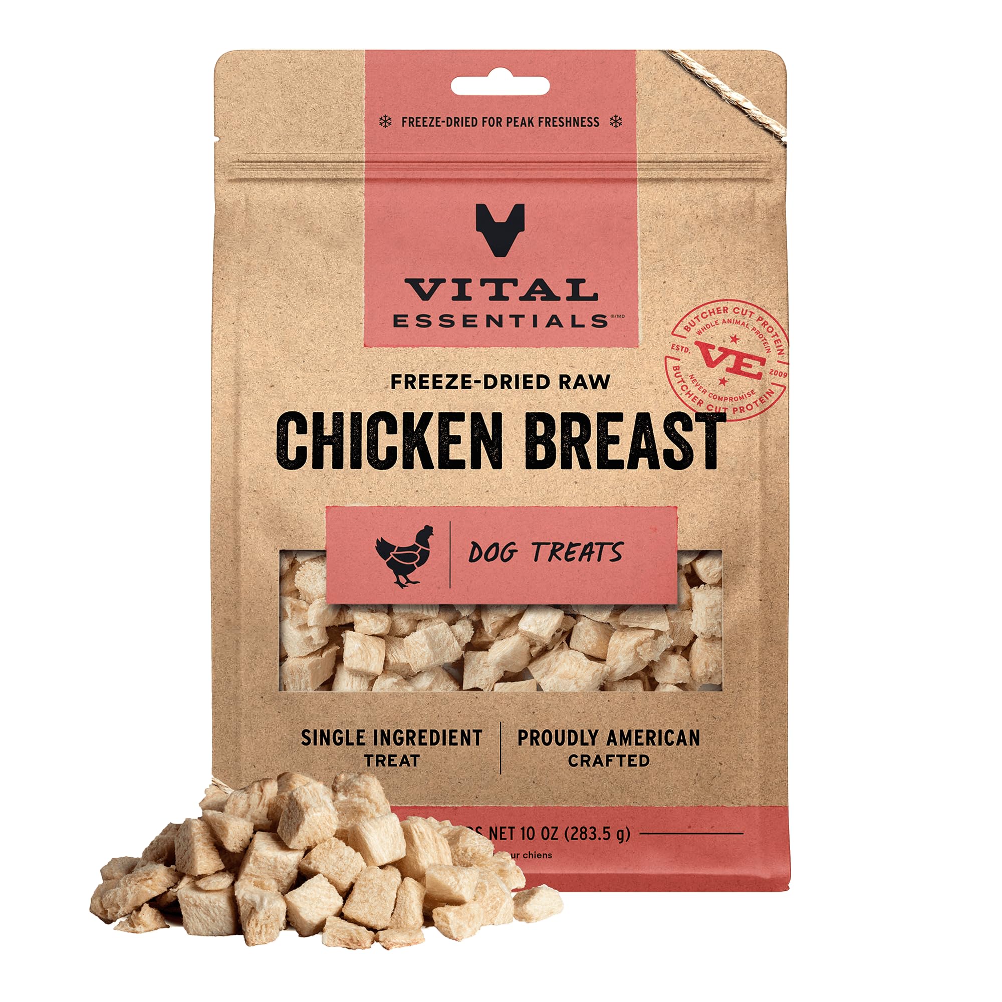 Vital Essentials freeze-dried chicken breast treat close-up, protein-rich training reward for dogs.