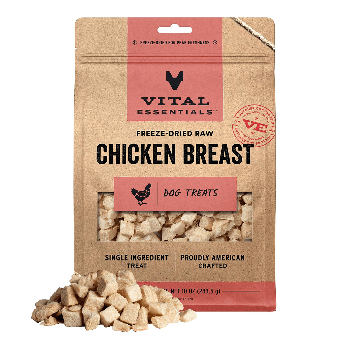 Vital Essentials freeze-dried chicken breast treat close-up, protein-rich training reward for dogs.