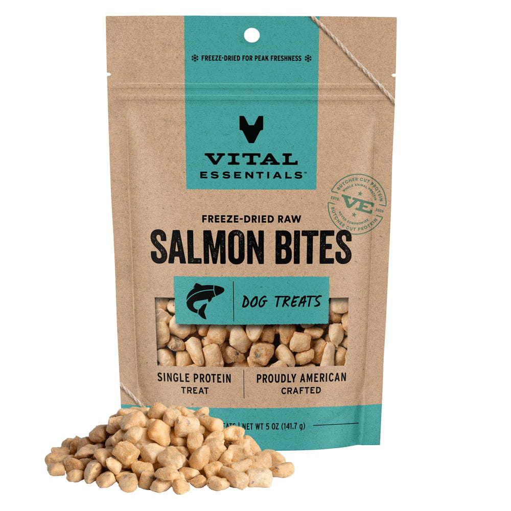 Vital Essentials salmon bites bag front, freeze-dried single-protein treats for training and daily snacking.