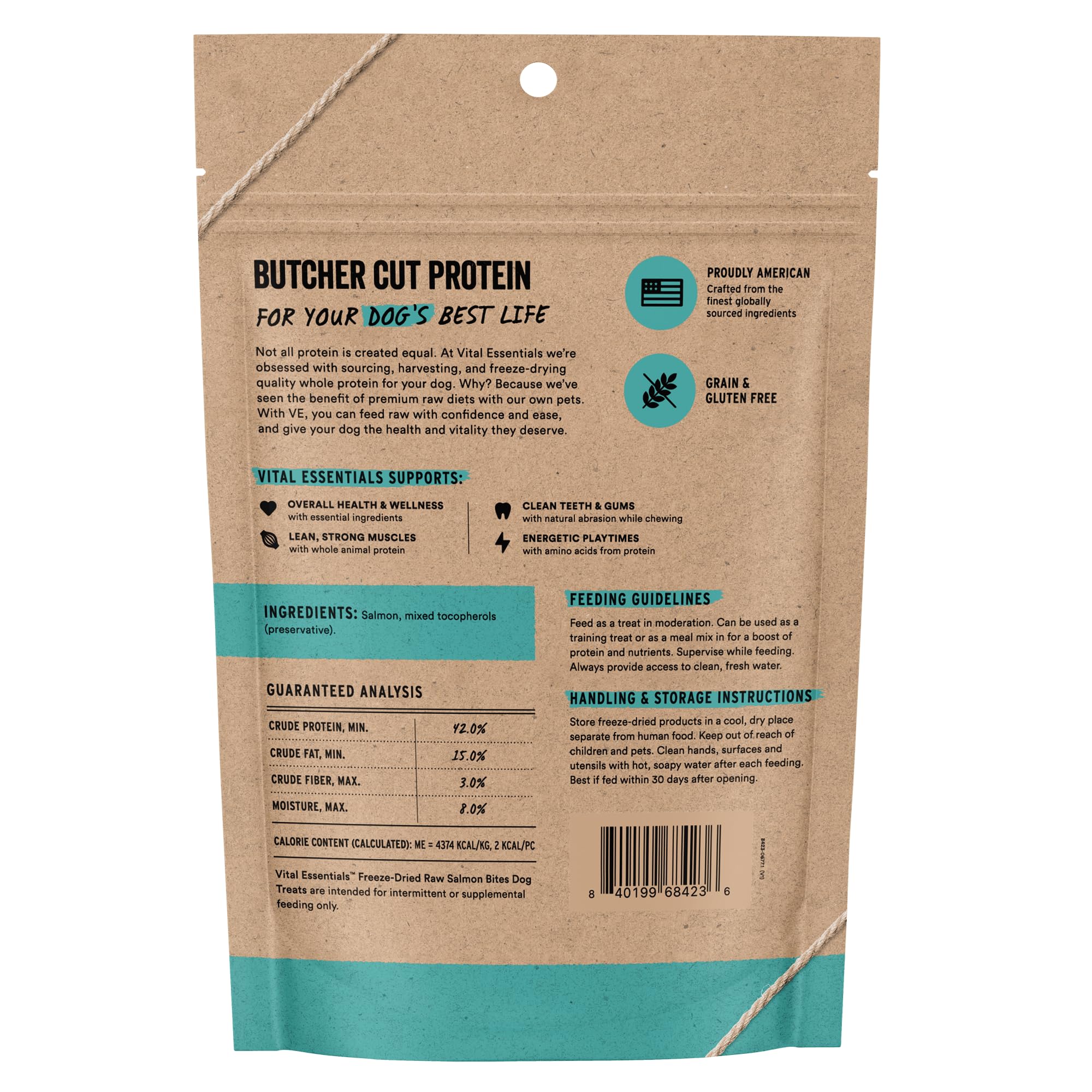 Vital Essentials salmon bites texture closeup highlights meat-rich grain-free dog treats.