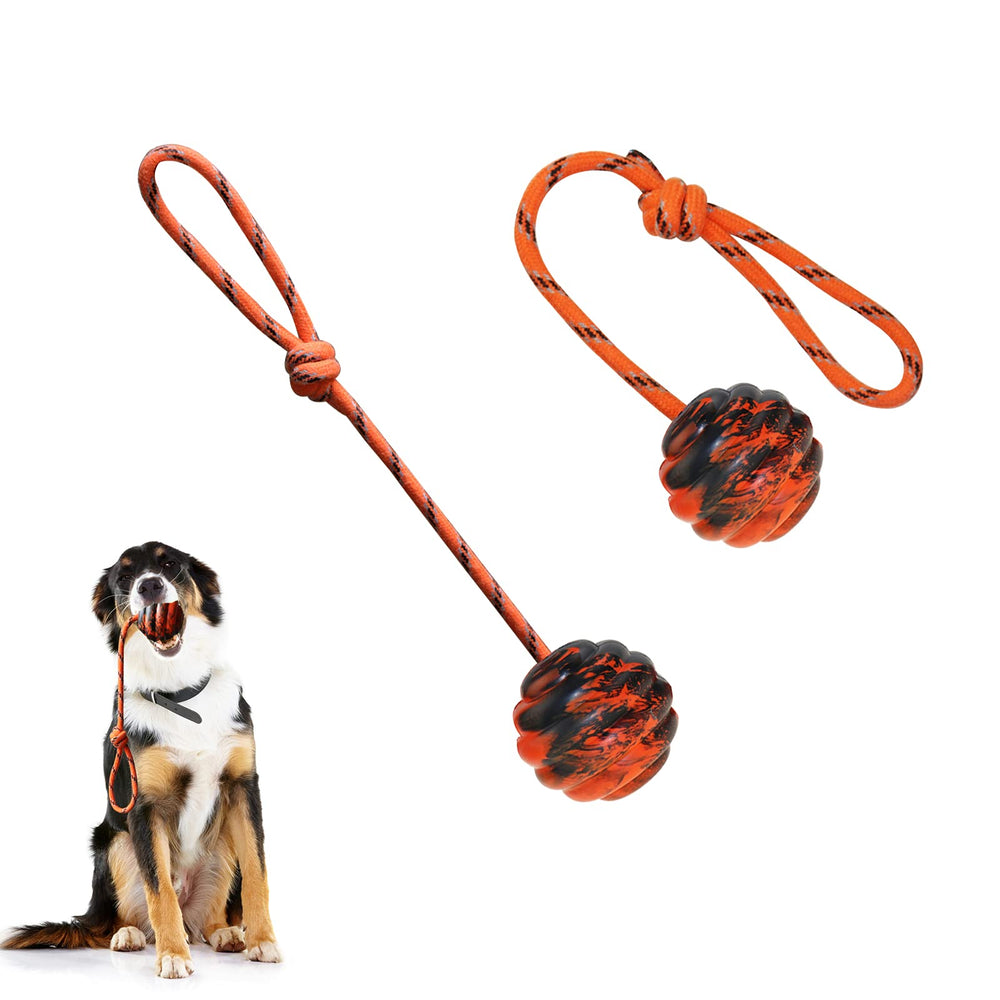 Vitalili dog training ball on rope, natural rubber for fetch and chew.