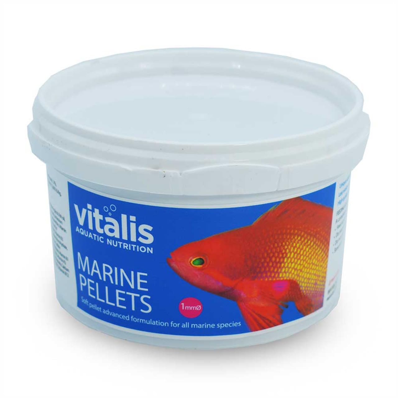 Vitalis Marine Pellets 1mm bottle close-up, highlighting sinking texture for calm feeding.