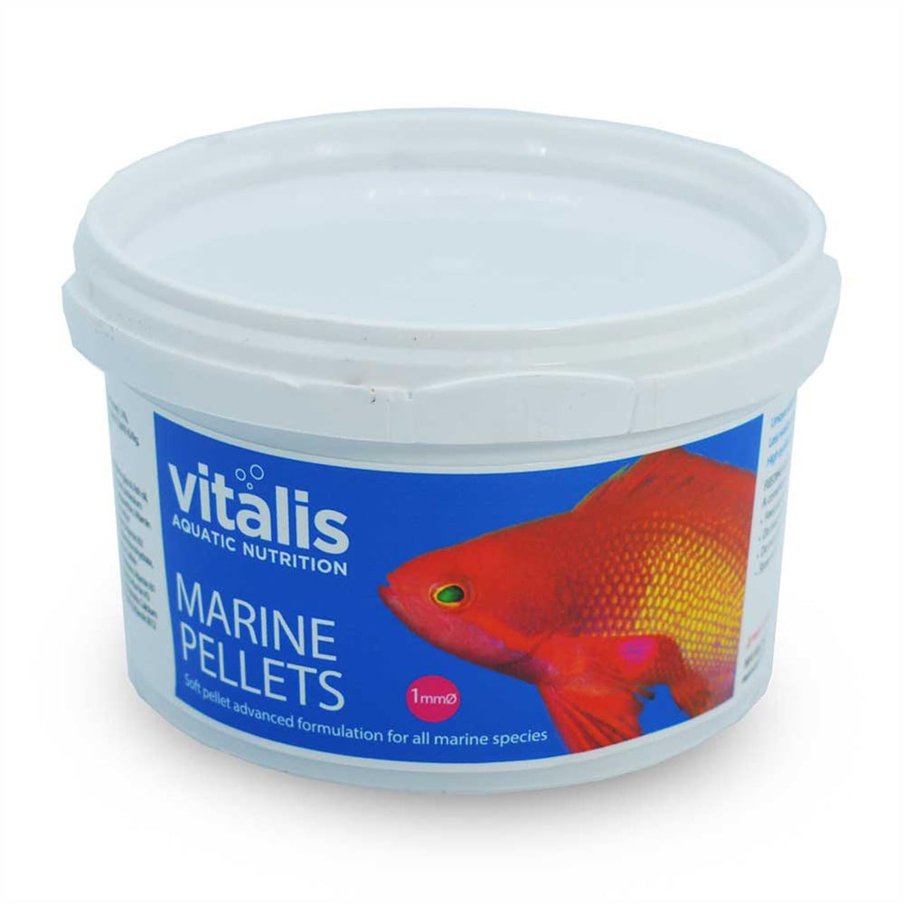 Vitalis Marine Pellets 1mm bottle close-up, highlighting sinking texture for calm feeding.